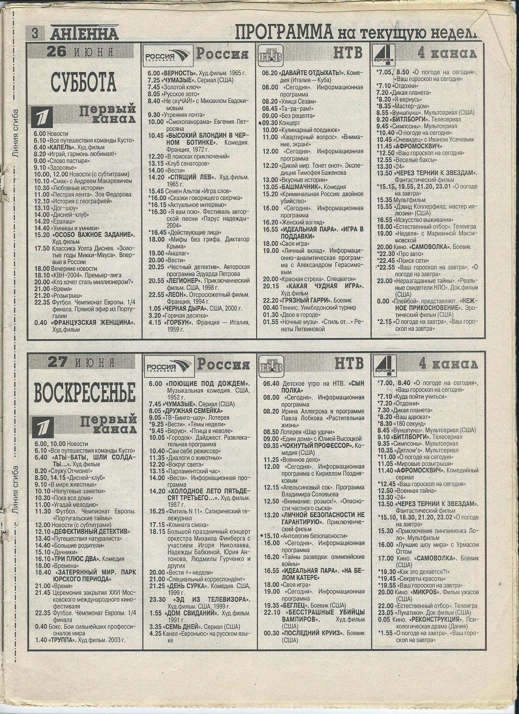 Программы ТВ и радио из СМИ Антенна (Телесемь), за 2004 год